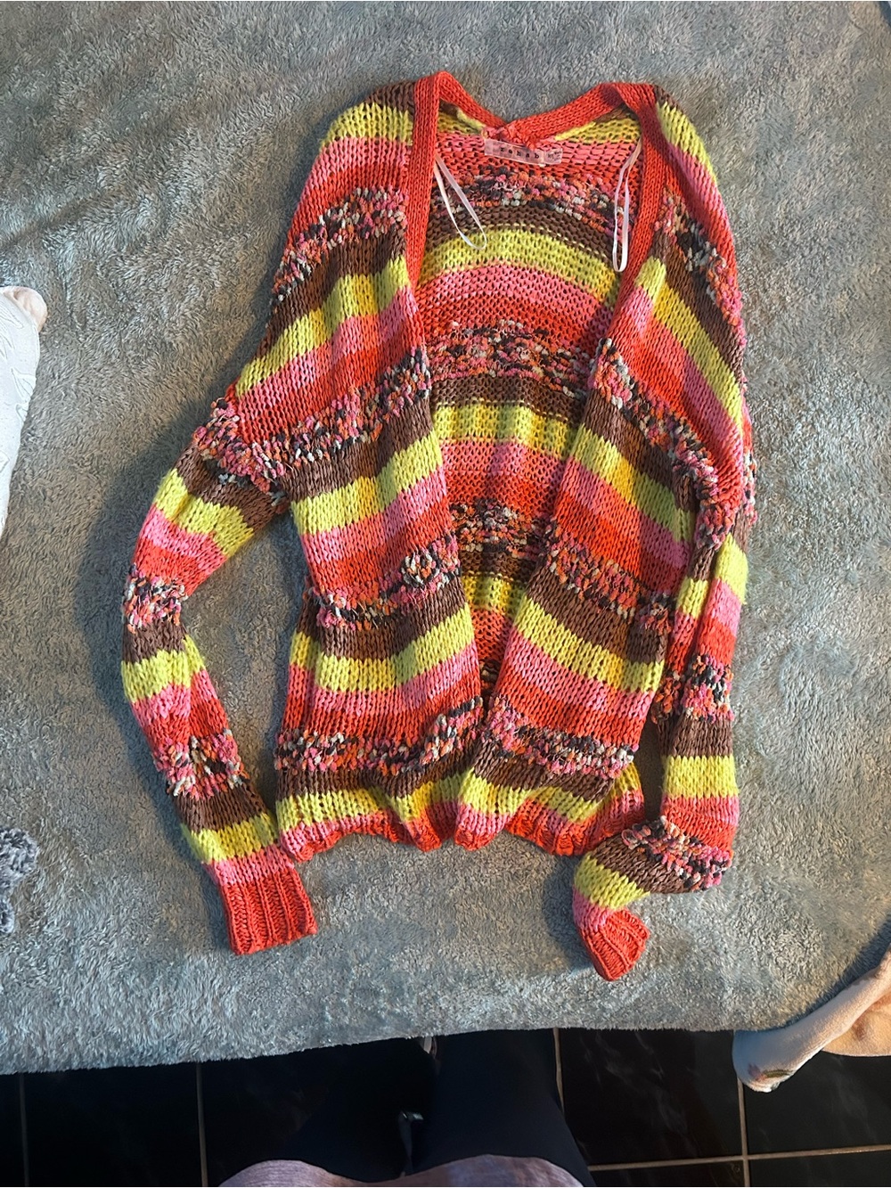 Rehab Striped Open-Front Knit Sweater in Coral, Yellow & Brown